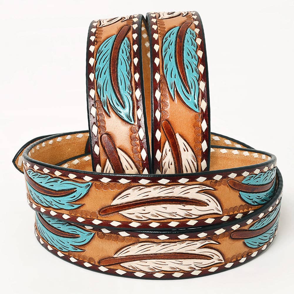 Genuine American Handtooled Leather Feather Belt For Men and Women