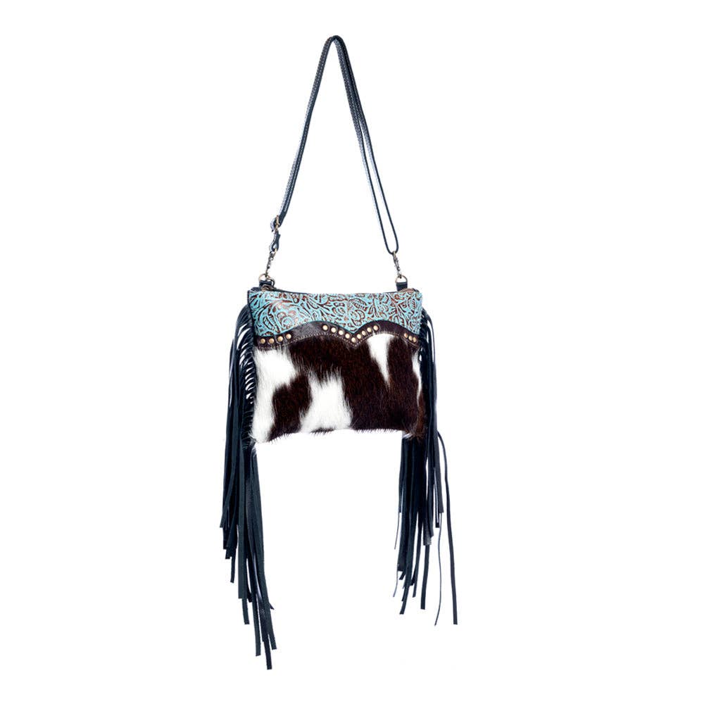 Handtooled Cowhide Turquoise Leather Bag with Fringes