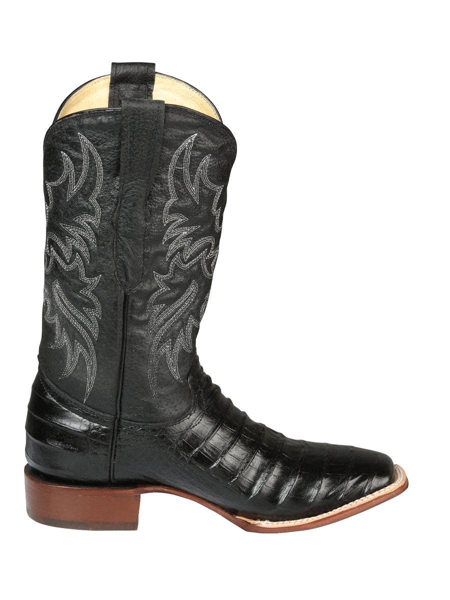 El General Men’s Leather Cowboy Boot - Embossed Caiman Belly Print  - Black