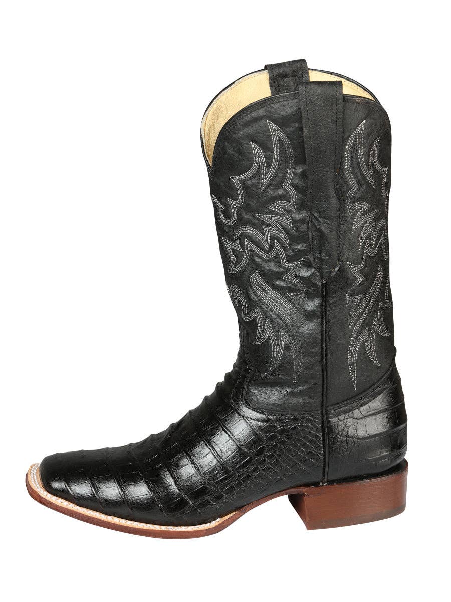 El General Men’s Leather Cowboy Boot - Embossed Caiman Belly Print  - Black