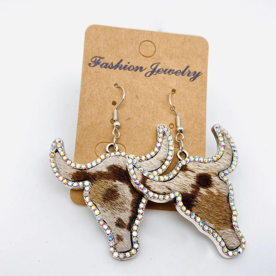 Western Style Cowboy Rhinestone Cowhide Cowhead Earrings