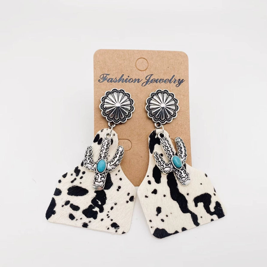 Western Animal Print Leather Cactus Turquoise Earrings