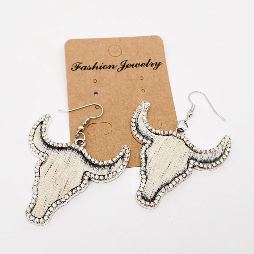 Western Style Cowboy Rhinestone Cowhide Cowhead Earrings