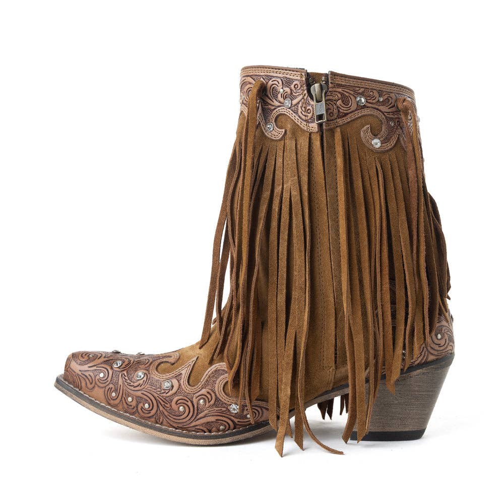 Women's Goldrush Fringed Handtooled Leather Boots in Dusty Oak