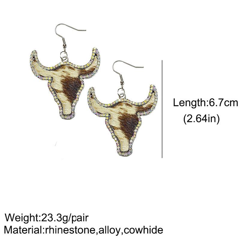 Western Style Cowboy Rhinestone Cowhide Cowhead Earrings