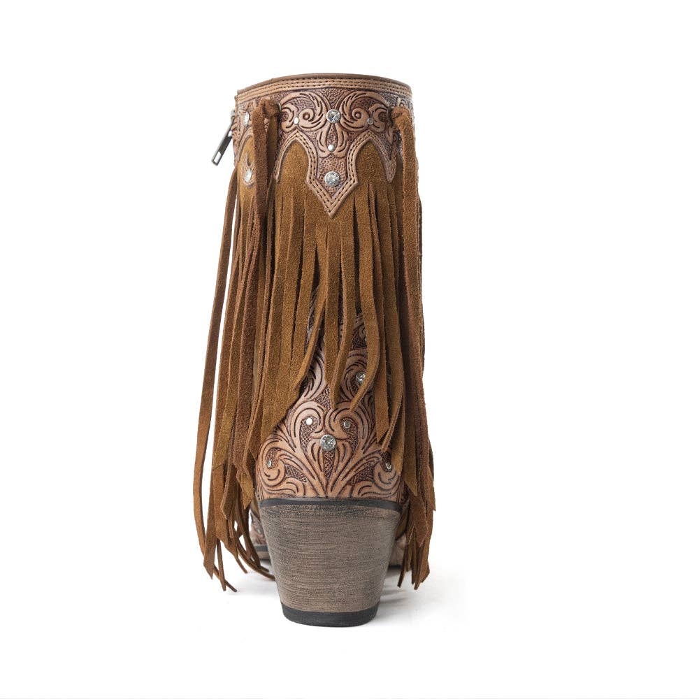 Women's Goldrush Fringed Handtooled Leather Boots in Dusty Oak