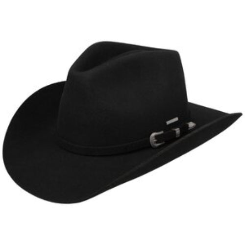 Black Stetson western hat with wide curved brim and decorative hatband