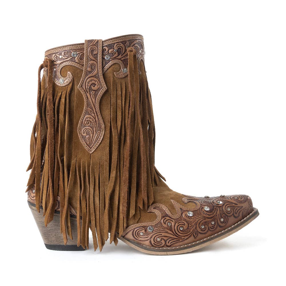 Women's Goldrush Fringed Handtooled Leather Boots in Dusty Oak