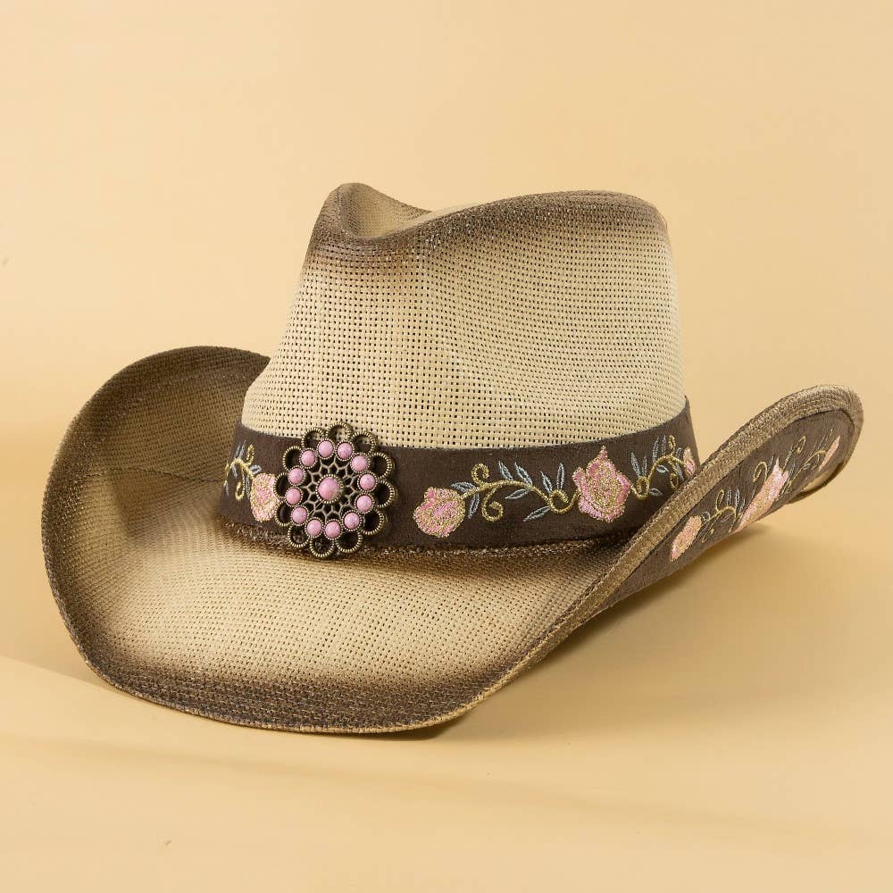 Women's Straw Flower Embroidered Cowboy Hat