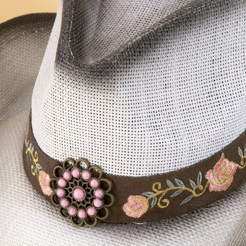 Women's Straw Flower Embroidered Cowboy Hat