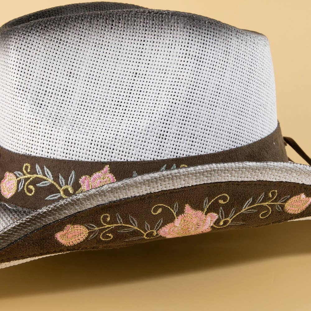 Women's Straw Flower Embroidered Cowboy Hat