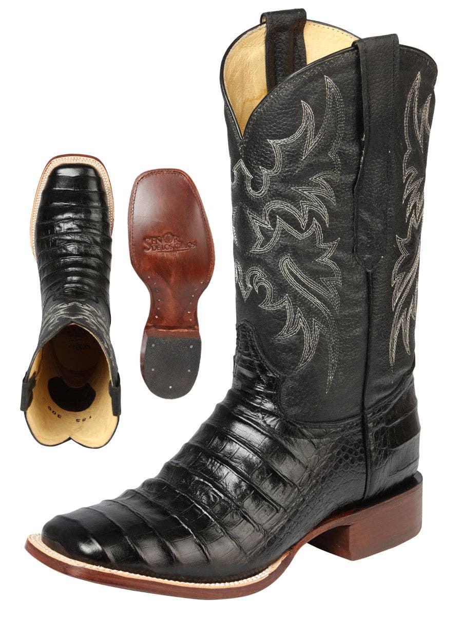 El General Men’s Leather Cowboy Boot - Embossed Caiman Belly Print  - Black