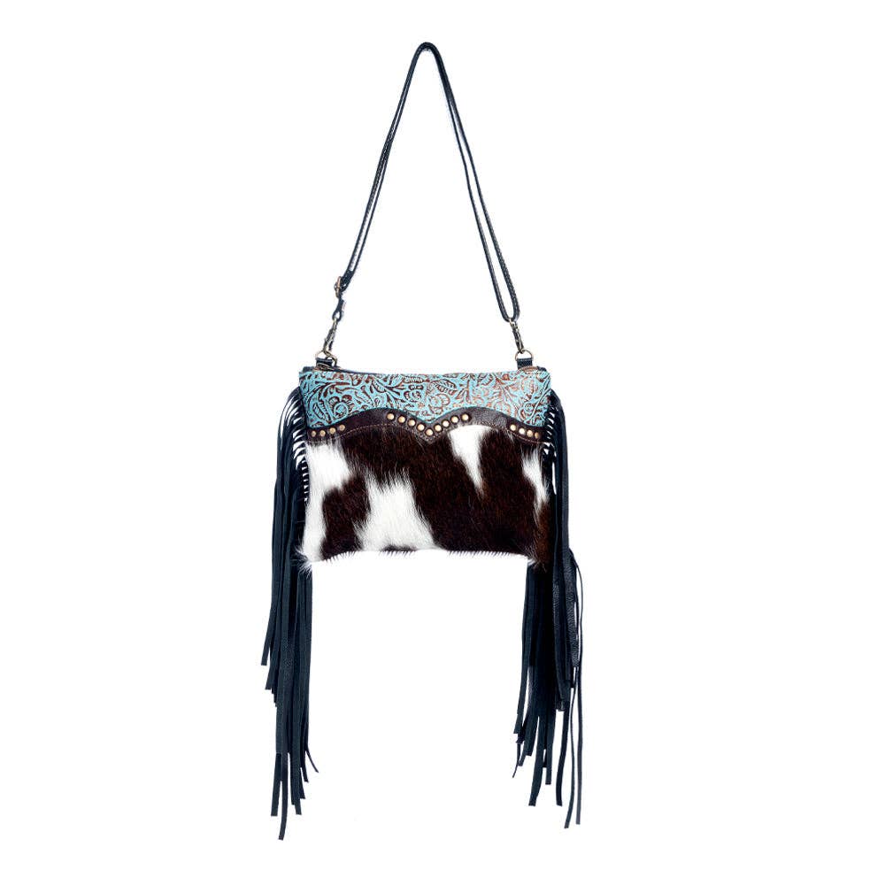Handtooled Cowhide Turquoise Leather Bag with Fringes