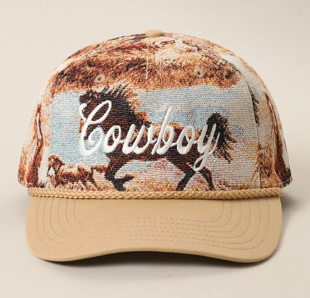 "Cowboy" Embroidered Western Rodeo Cowboy Tapestry Rope Hat