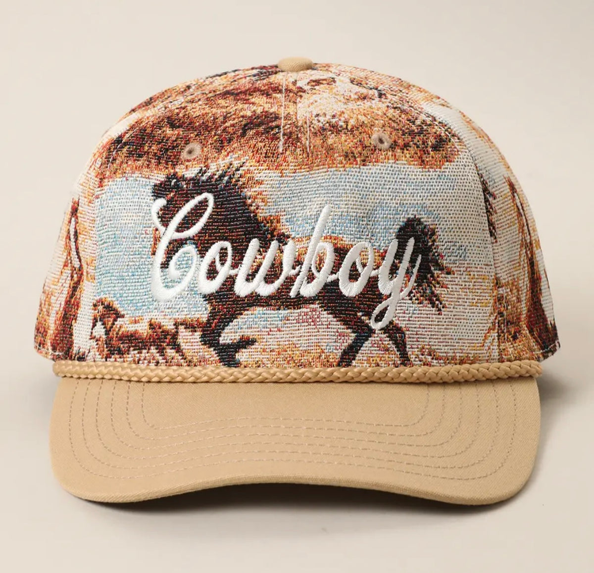 "Cowboy" Embroidered Western Rodeo Cowboy Tapestry Rope Hat