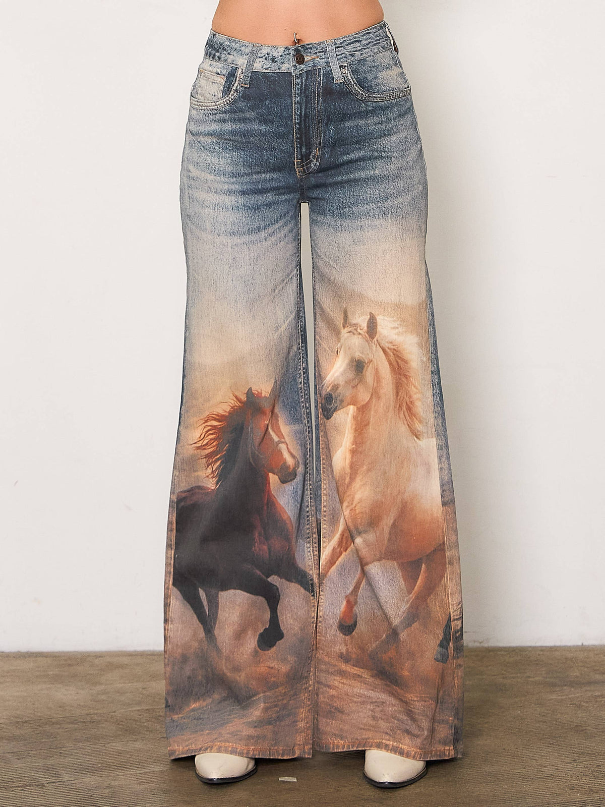Stunning Western White Horse Print Western Jeans
