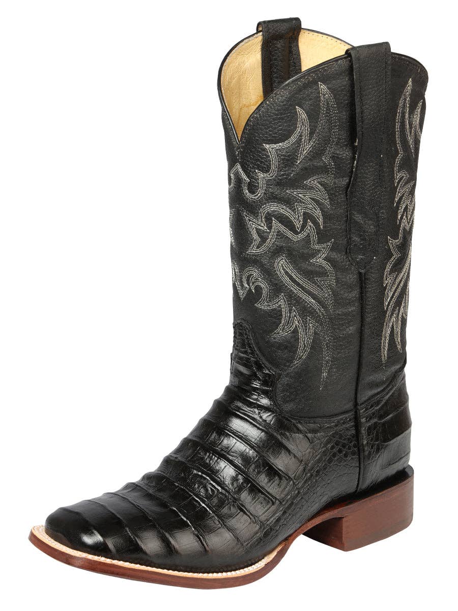 El General Men’s Leather Cowboy Boot - Embossed Caiman Belly Print  - Black