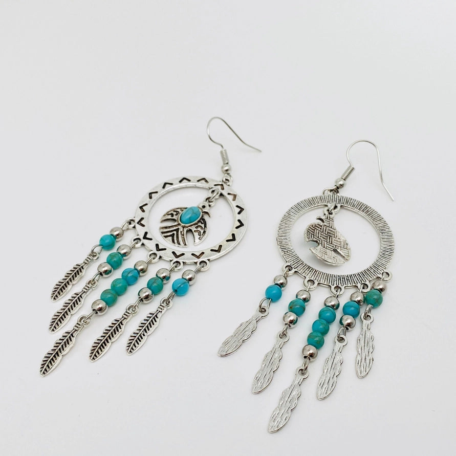 Bird Pendant Turquoise Tassel Earrings