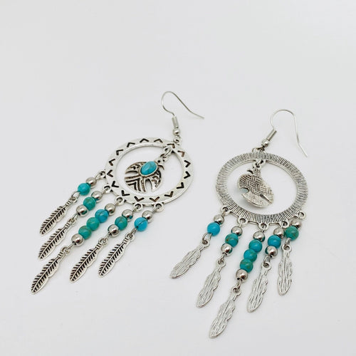Bird Pendant Turquoise Tassel Earrings