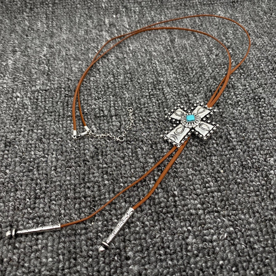 Turquoise Cross Charm Leather Rope Lariat Necklace
