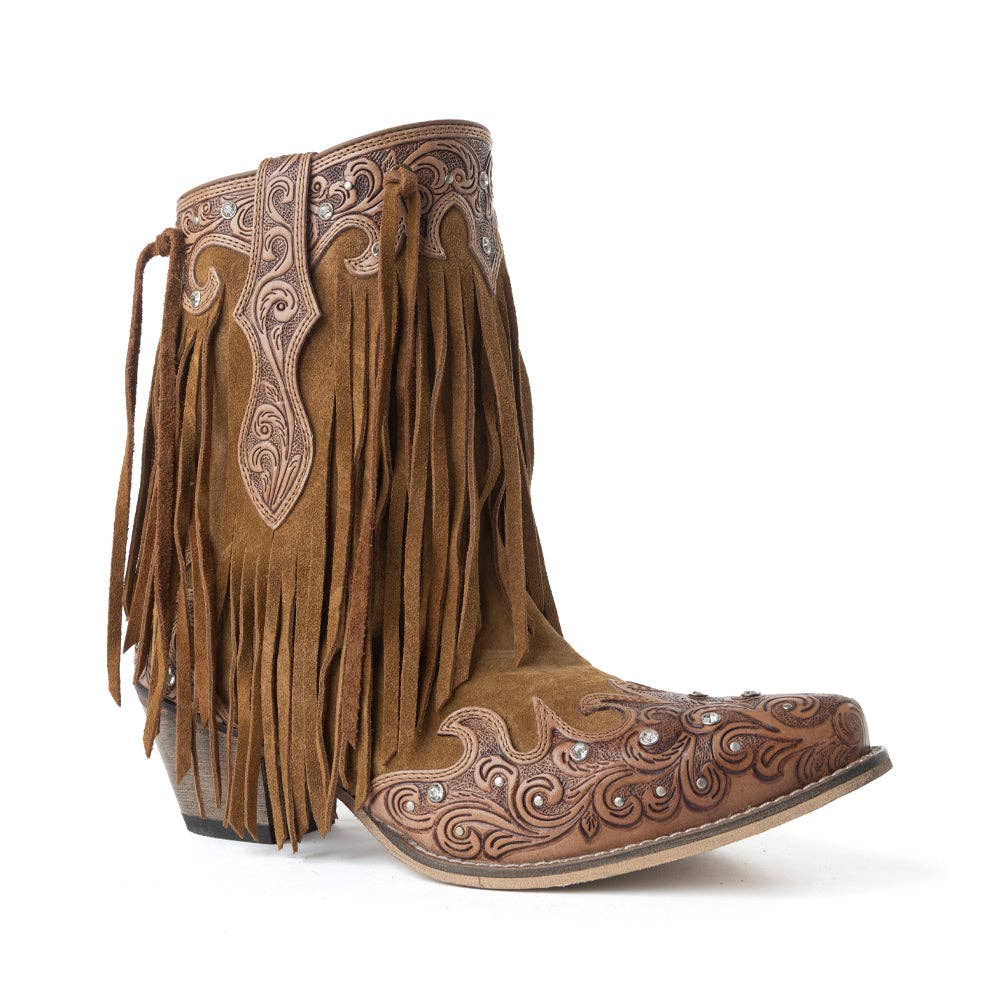 Women's Goldrush Fringed Handtooled Leather Boots in Dusty Oak