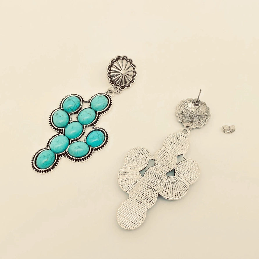 Western Style Turquoise Cactus Pendant Post Earrings