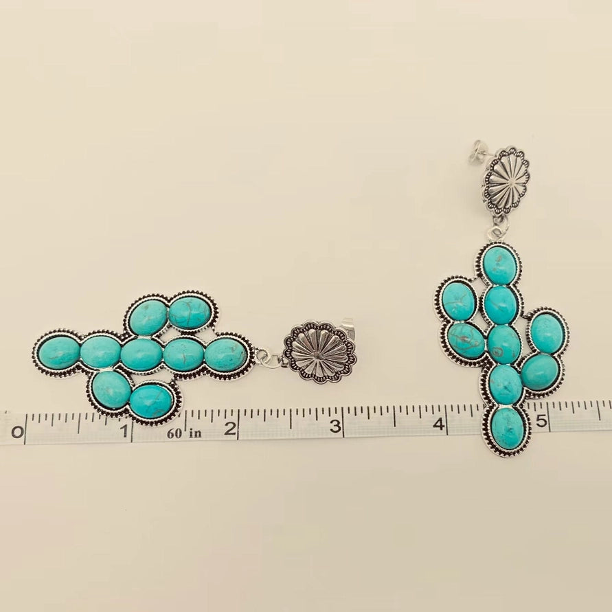 Western Style Turquoise Cactus Pendant Post Earrings