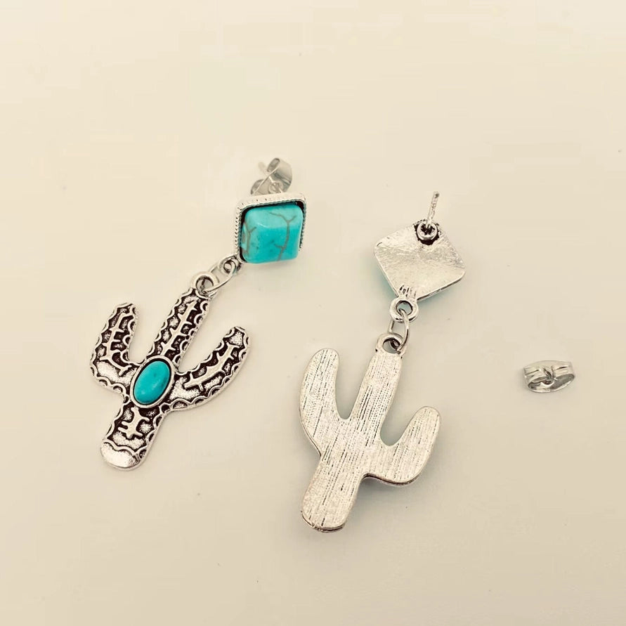 Turquoise Metal Cactus Pendant Western Style Post Earrings