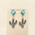 Turquoise Metal Cactus Pendant Western Style Post Earrings