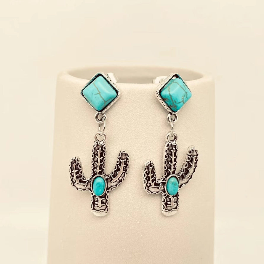 Turquoise Metal Cactus Pendant Western Style Post Earrings
