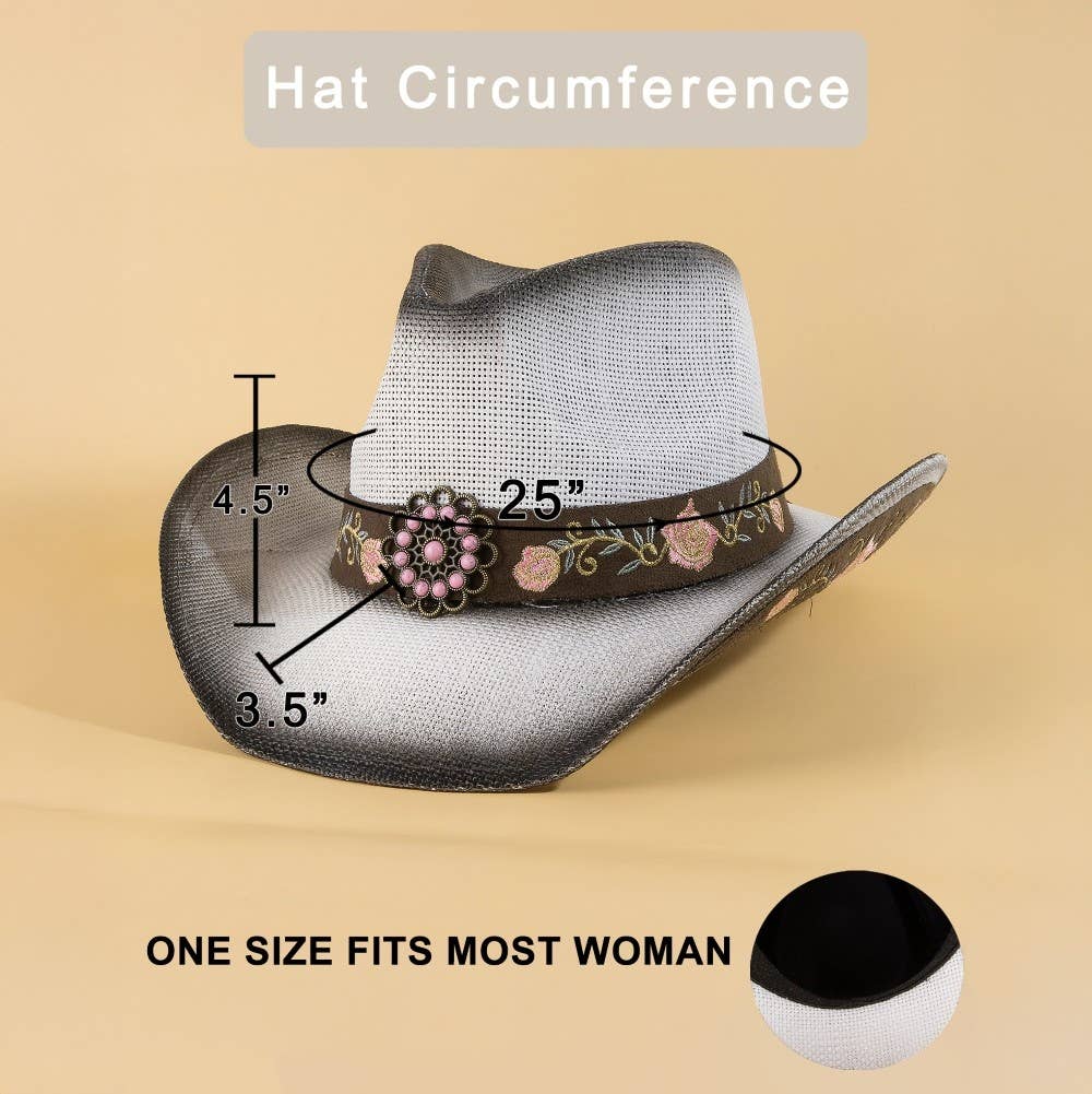 Women's Straw Flower Embroidered Cowboy Hat