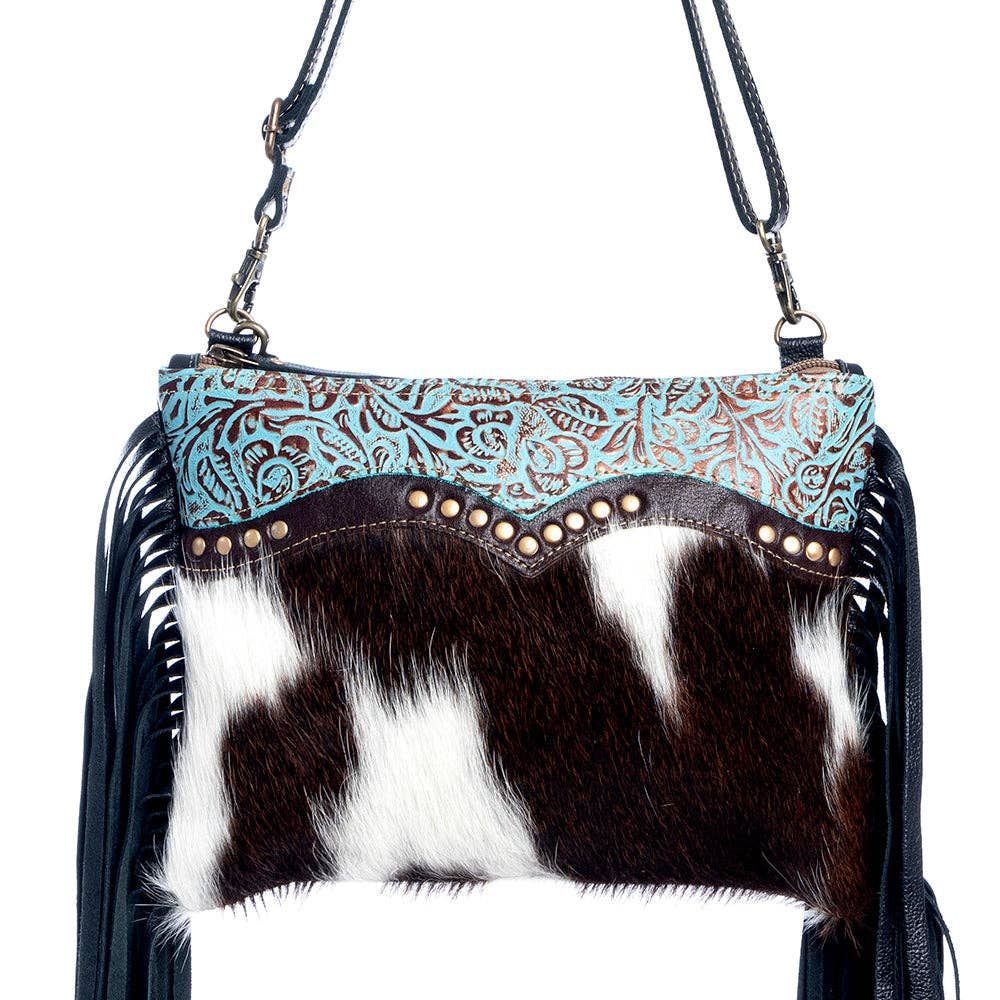 Handtooled Cowhide Turquoise Leather Bag with Fringes