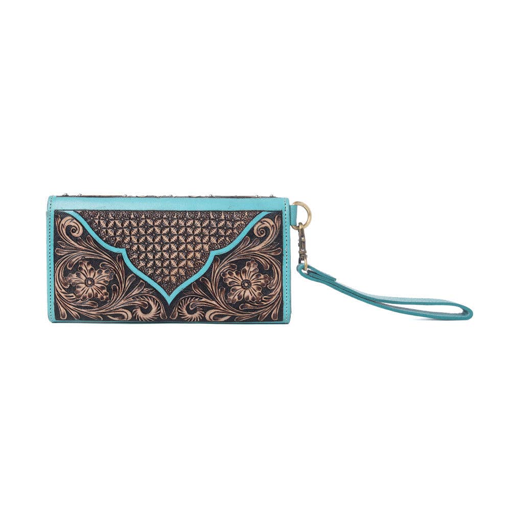 Sunfire Valley Handtooled  Leather Wallet in Turquoise Pearl
