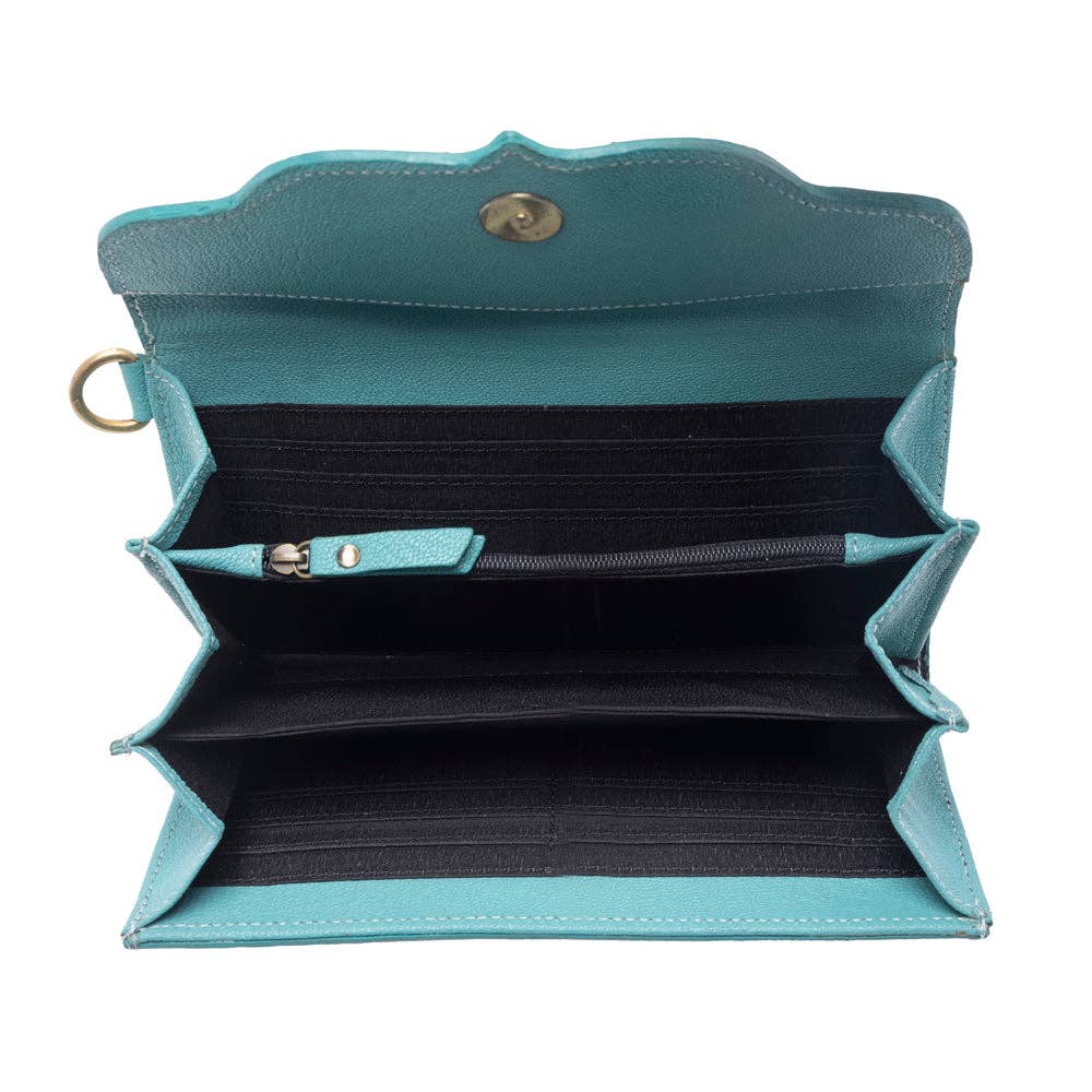 Sunfire Valley Handtooled  Leather Wallet in Turquoise Pearl