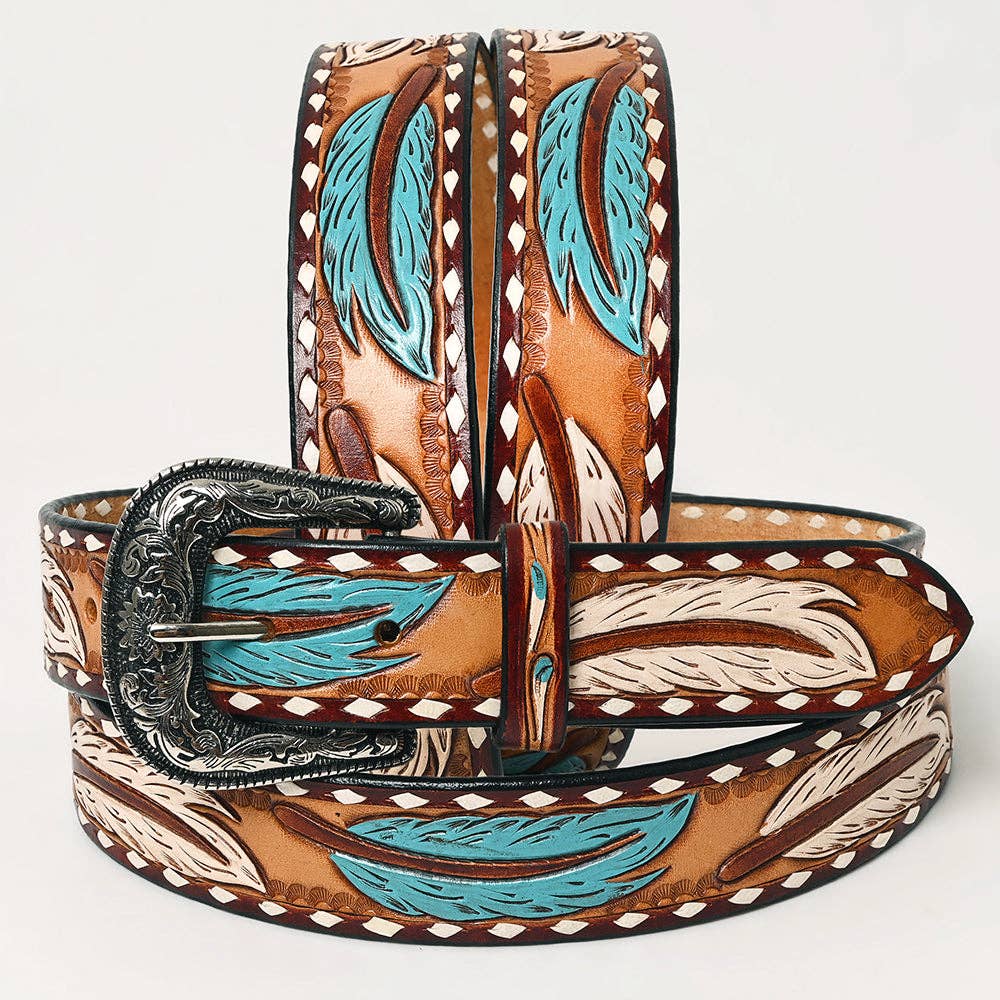 Genuine American Handtooled Leather Feather Belt For Men and Women