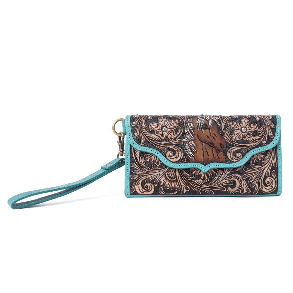 Sunfire Valley Handtooled  Leather Wallet in Turquoise Pearl