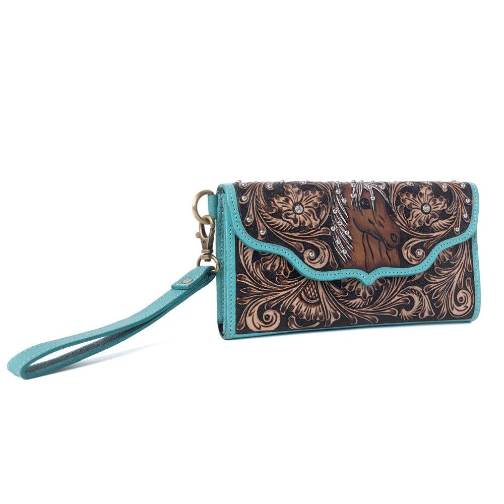 Sunfire Valley Handtooled  Leather Wallet in Turquoise Pearl