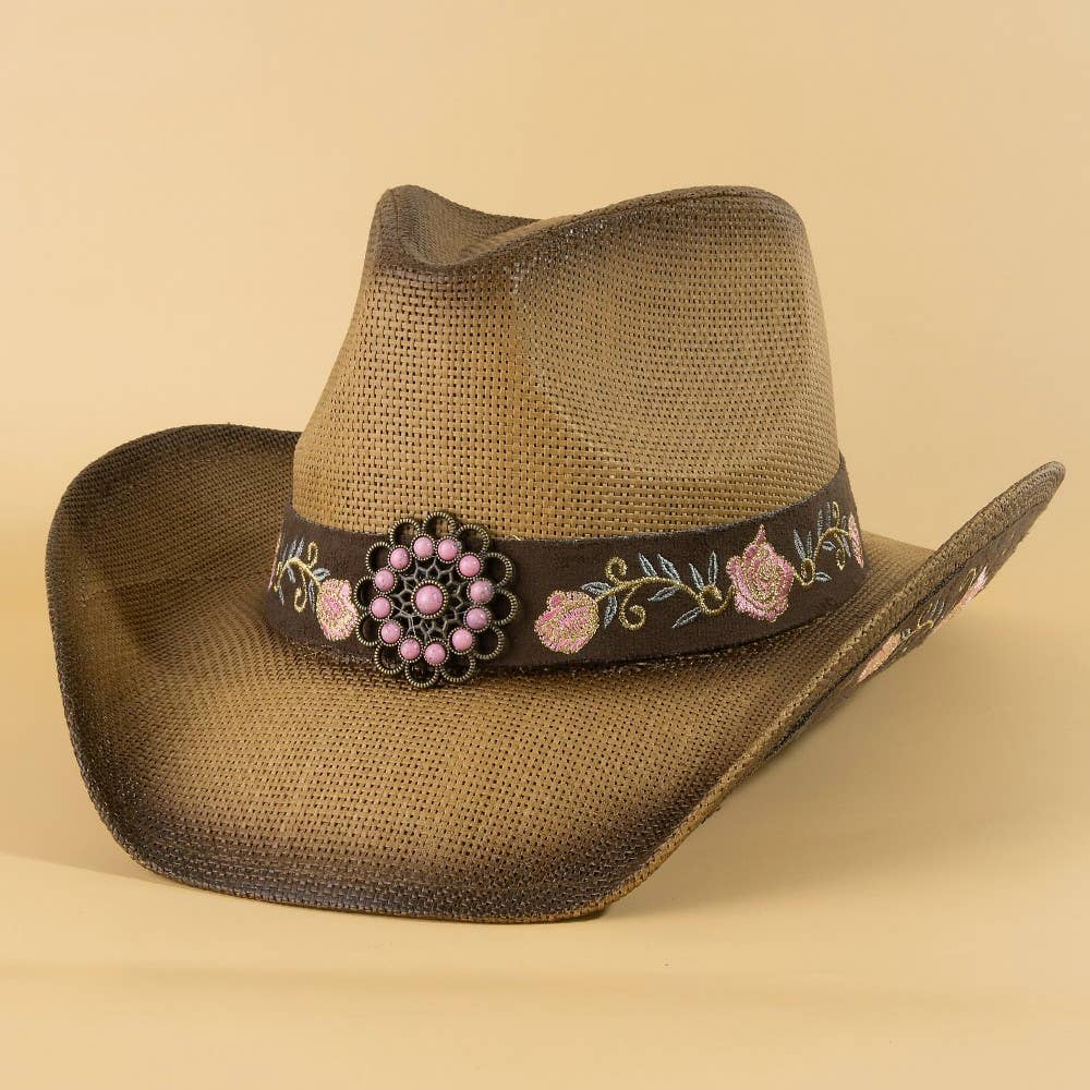 Women's Straw Flower Embroidered Cowboy Hat