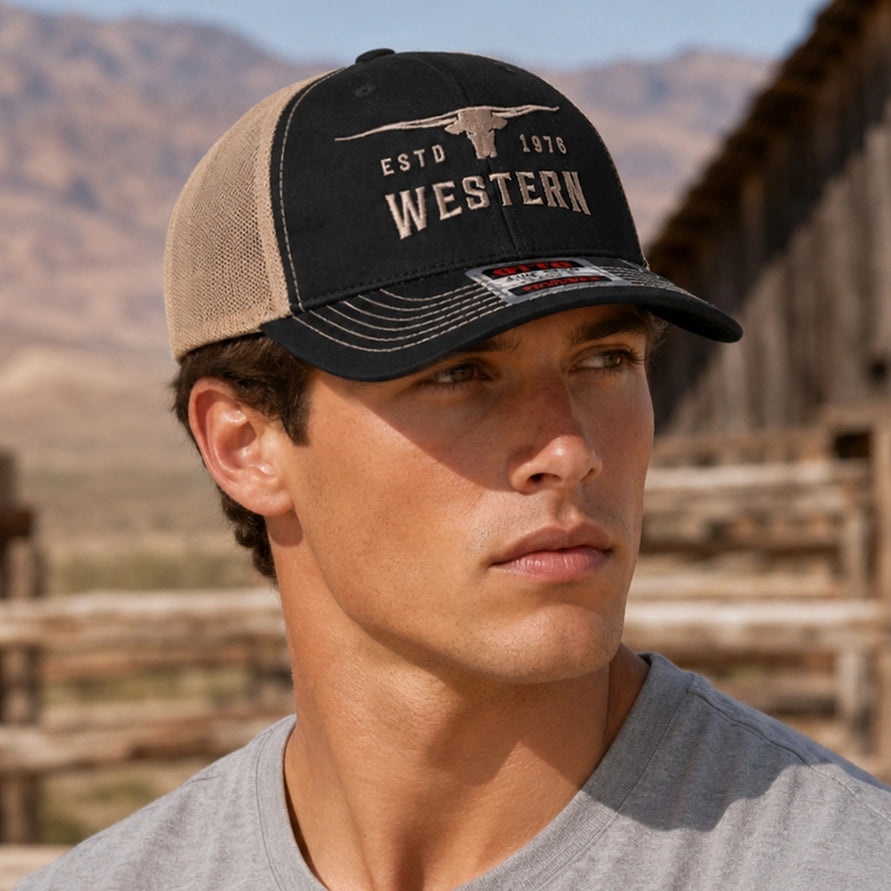 Longhorn Western Embroidered Mid Profile Trucker Hat