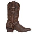 Durango Brown Heartbreaker cowboy boot with intricate designs and a strap on a white background