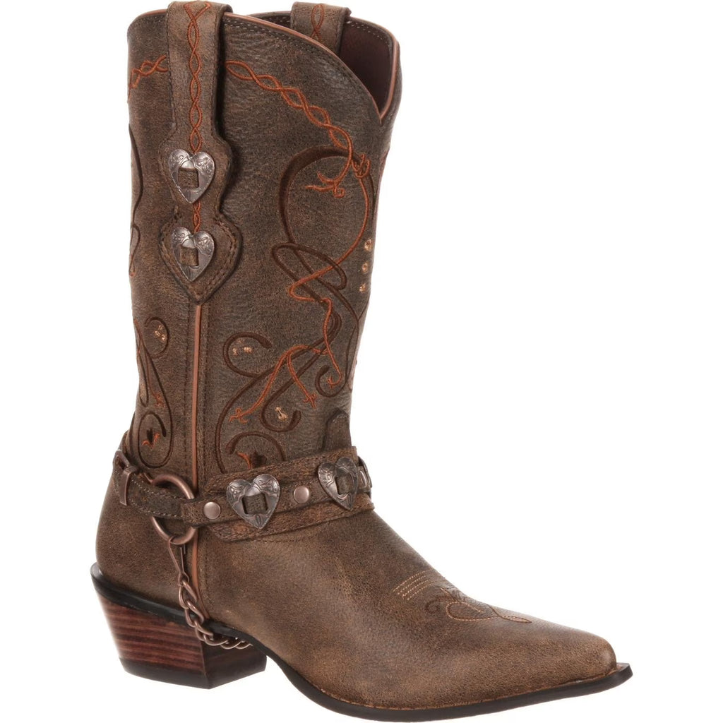 Durango Women's Brown Heartbreaker cowboy boot with heart designs and stitching 