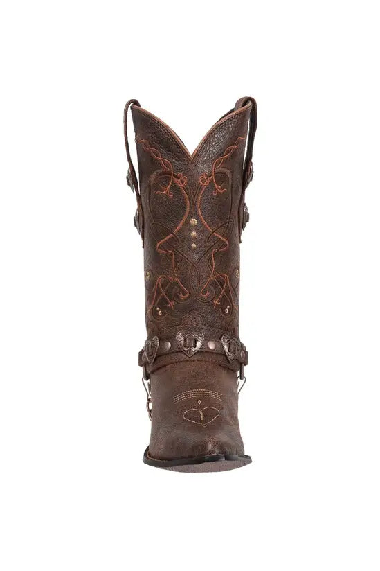 A Durango Women's brown leather cowboy boot with decorative orange-brown embroidery and metal studs, 