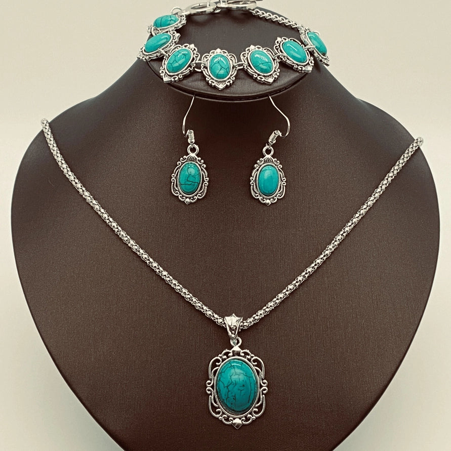 Artificial Turquoise Bracelet Necklace Earring Set