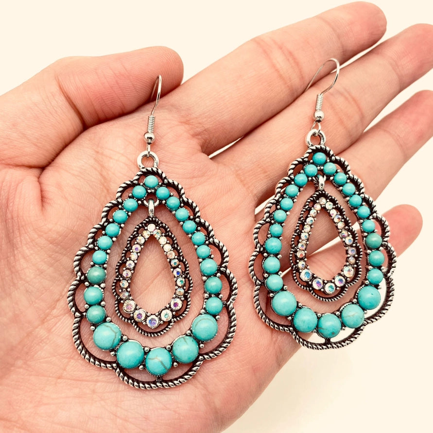 Rhinestone Turquoise Double-Layer Drop Dangle Earrings