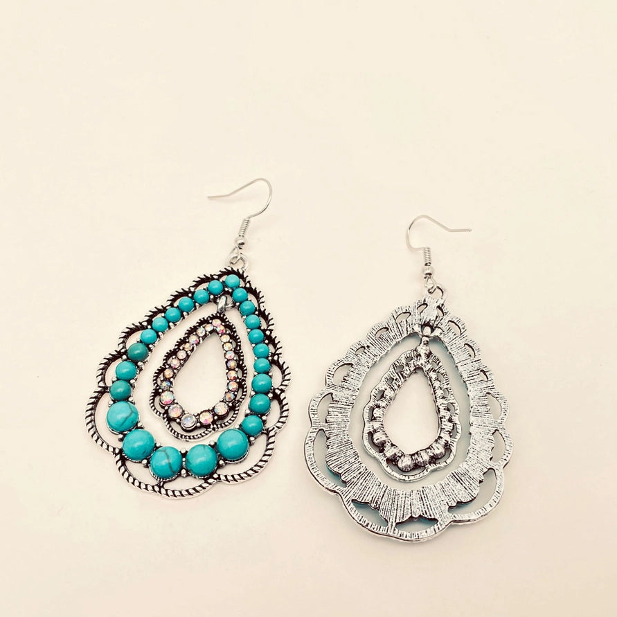 Rhinestone Turquoise Double-Layer Drop Dangle Earrings